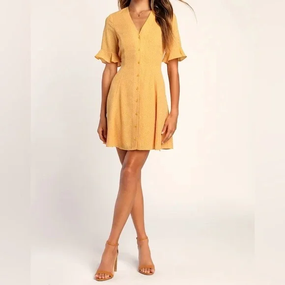 Lulus castana mustard yellow print button up dress size small - Picture 4 of 7